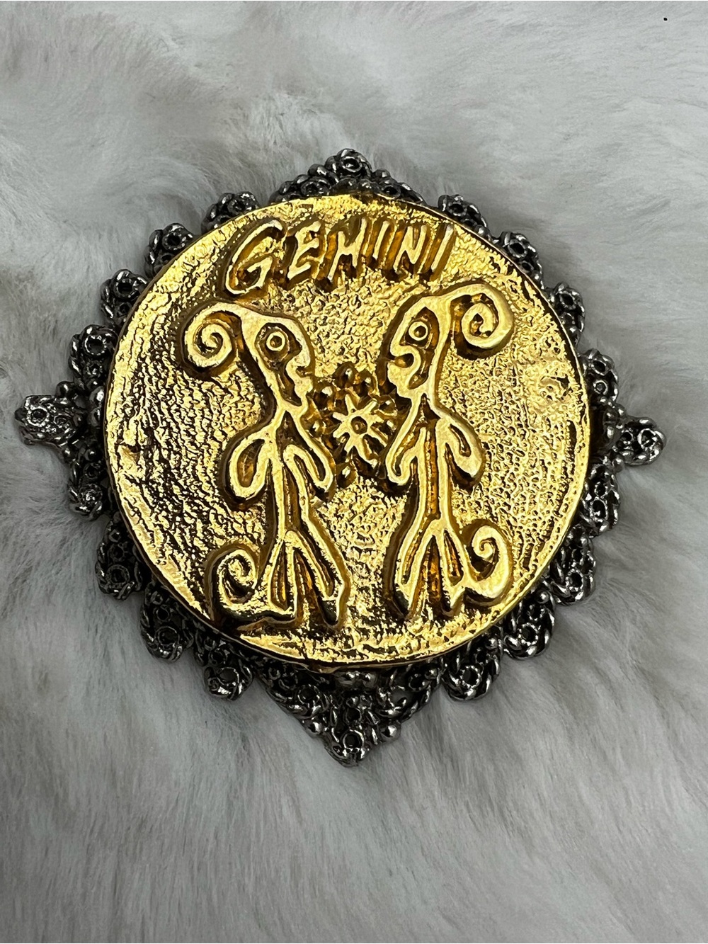 Vintage 70s Two Tone Gemini Zodiac Medallion Filigree Brooch Pin